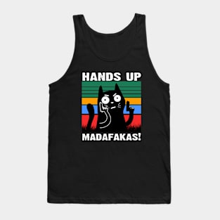 cat and gun is a cat holding a gun and saying hands up Tank Top